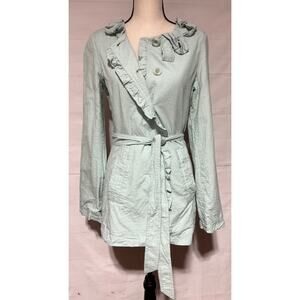 LAPIS sz M pale sea foam green button down ruffled jacket with belt